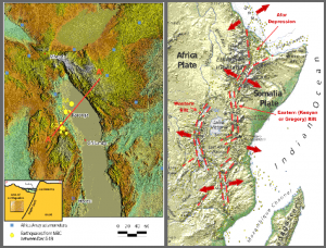 Twelve moderate earthquakes shook Malawi in December 2009. Lake Malawi is loka- ted on the East Africa Rift, which is splitting apart (red arrows) causing earthqakes yellow dots).The relative motion perpendicular and parallel to the Africa and Somalia tectonic plates margin is a combination of convergent, divergent and transverse relati- ve motions (shaderelief derived from ASTA-Data, Profile after http://blogs.ei.colombia.edu, map left derived after Chorowicz 2005) 